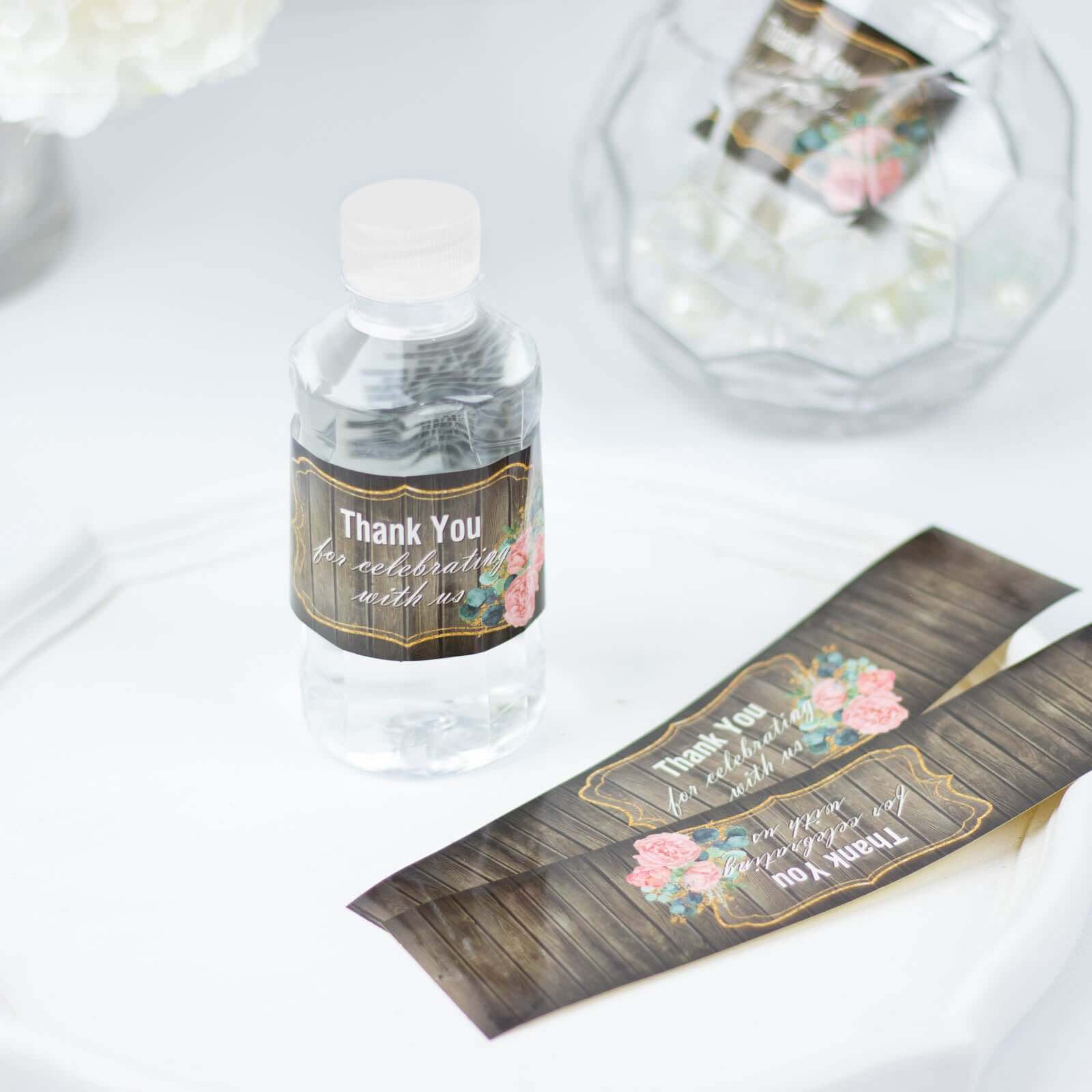 24 Pack Rustic Water Bottle Labels Wood Print with Gold Floral Frame "Thank You" Waterproof Bottle Stickers