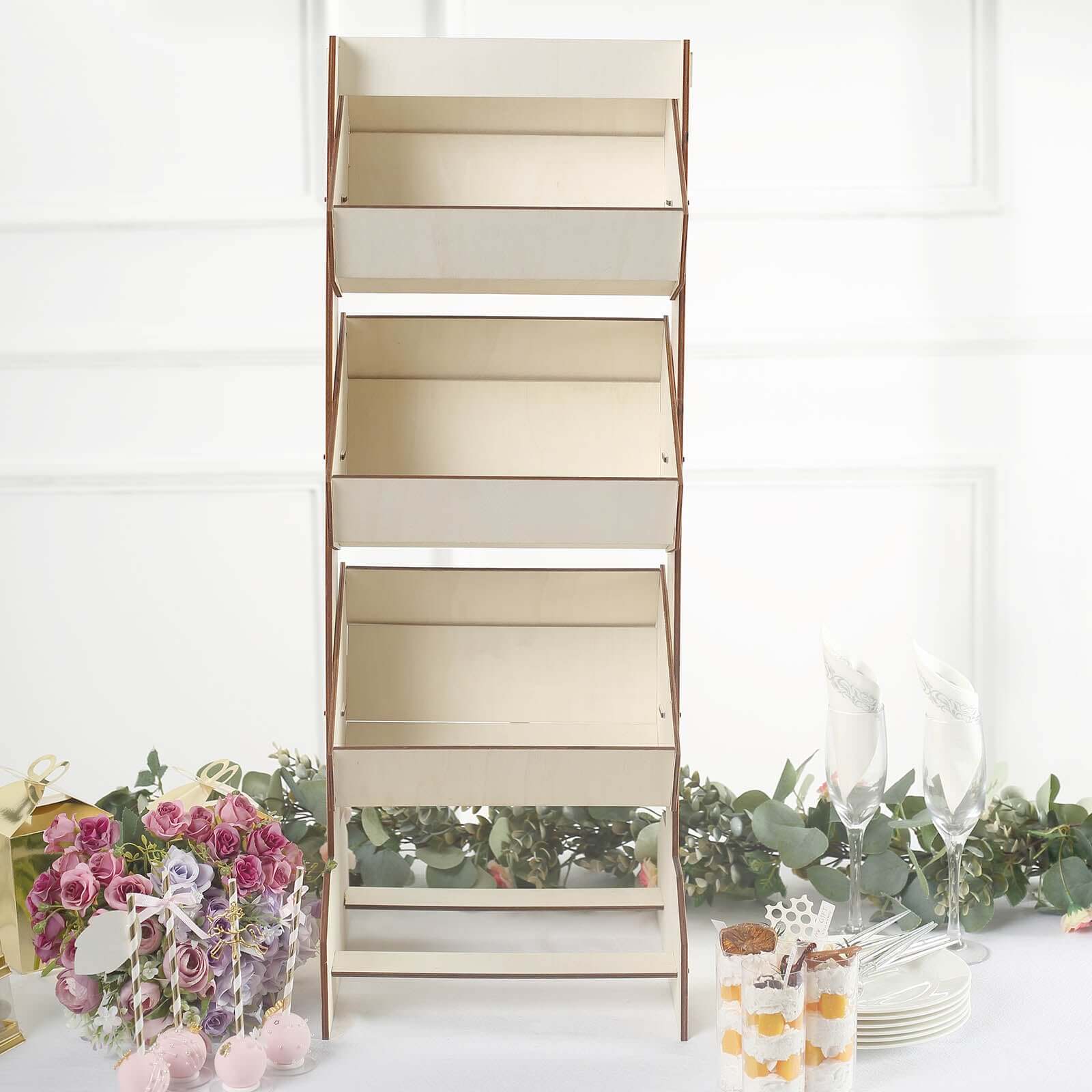 3-Tier Wooden Display Rack Basket Floor Standing Design Natural - Rustic Tabletop Cupcake Dessert Shelf Holder 33"
