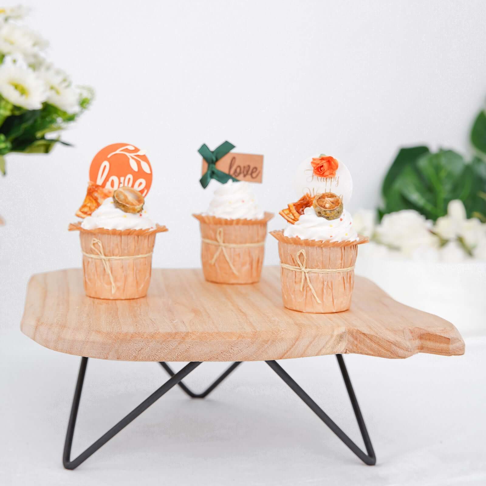 Wooden Cake Cupcake Stand Natural Wood Slice Design - Cheese Board Serving Tray with Hairpin Legs 12" Square - Bell Racket Store