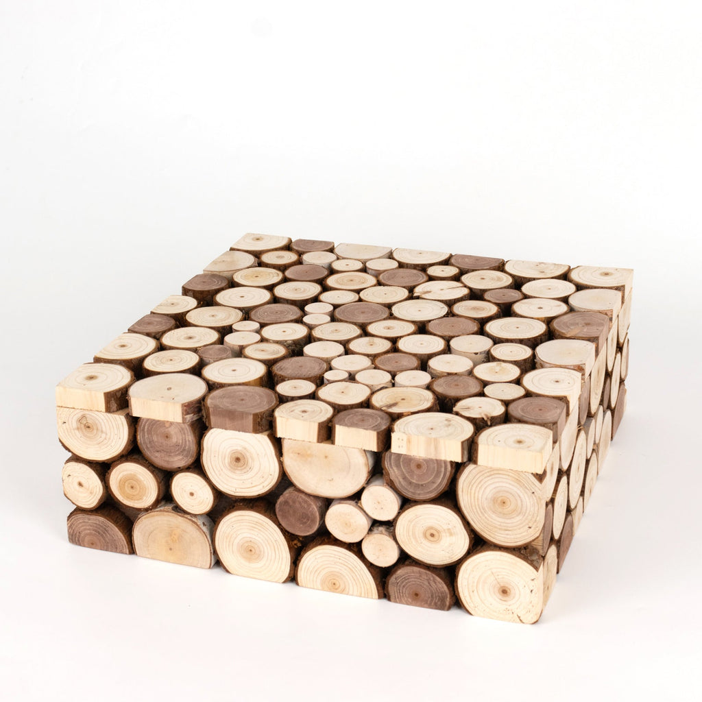 Wooden Cake Stand 14"x14" Square Design Rustic Natural Slices - Farmhouse Display Box Pedestal Riser - Bell Racket Store