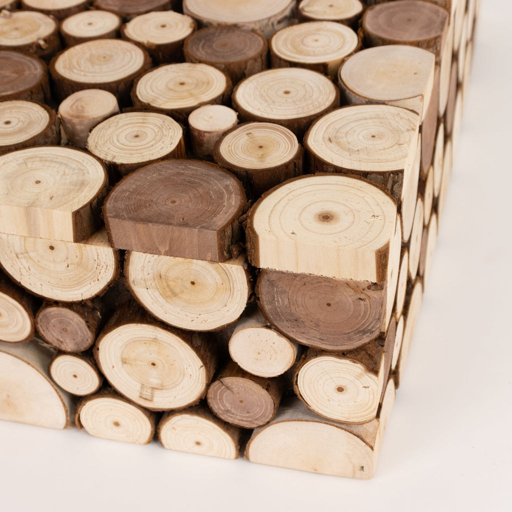 Wooden Cake Stand 18"x18" Square Design Rustic Natural Slices - Farmhouse Display Box Pedestal Riser - Bell Racket Store