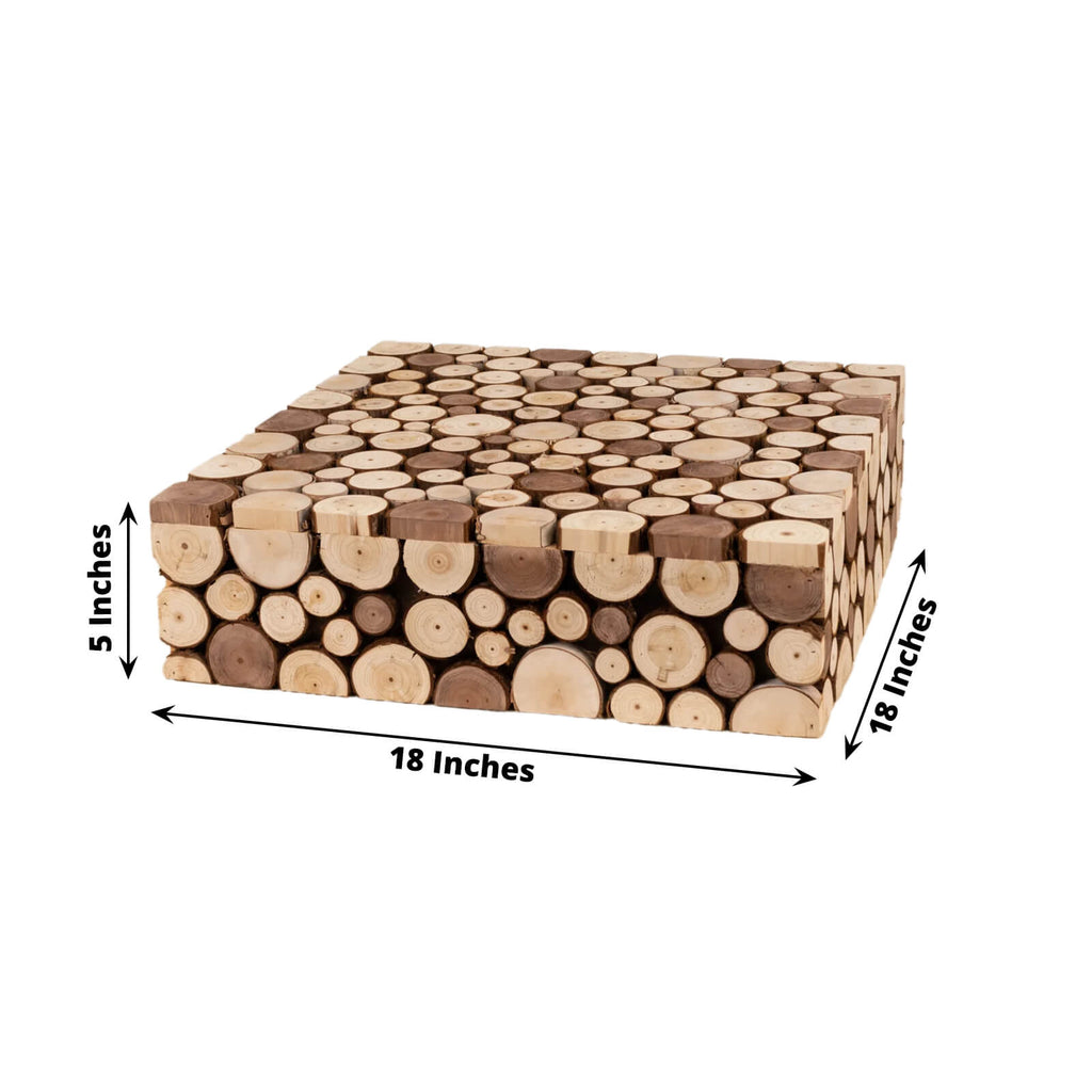 Wooden Cake Stand 18"x18" Square Design Rustic Natural Slices - Farmhouse Display Box Pedestal Riser - Bell Racket Store