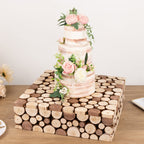 Wooden Cake Stand 18"x18" Square Design Rustic Natural Slices - Farmhouse Display Box Pedestal Riser - Bell Racket Store