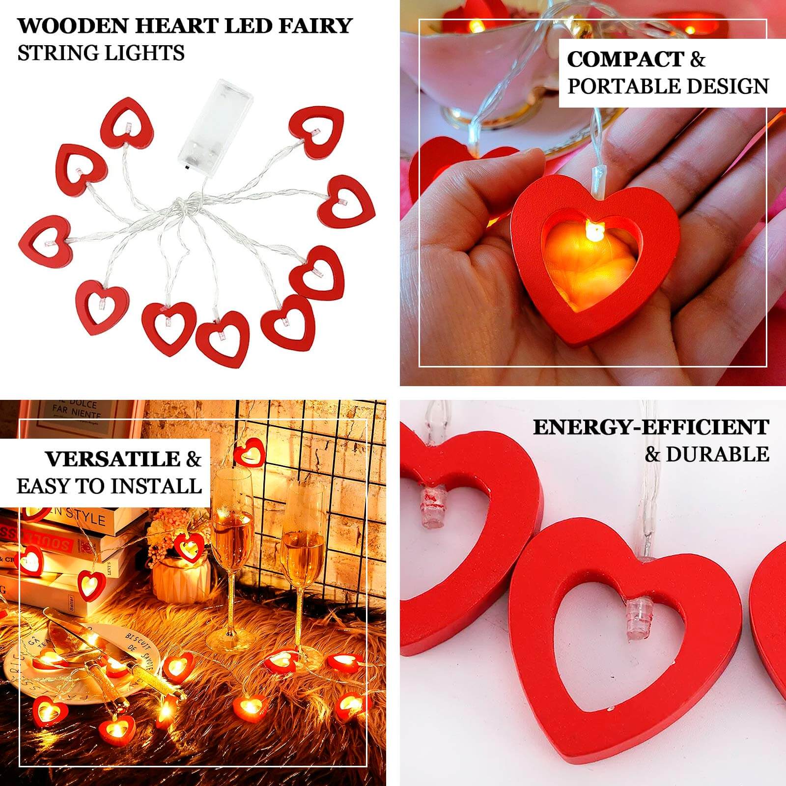 Wooden Heart String Lights Red Design Warm White - Battery Operated Hanging Accent 5ft - Bell Racket Store