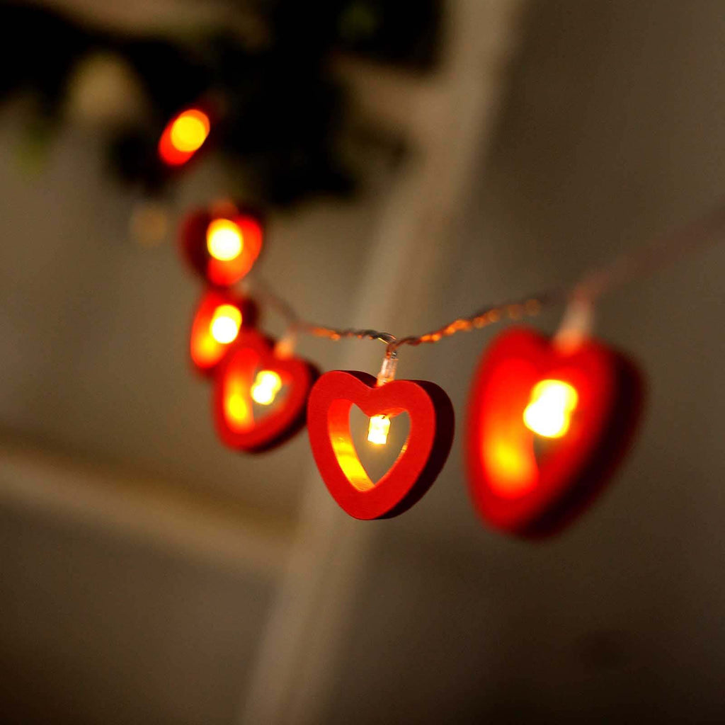 Wooden Heart String Lights Red Design Warm White - Battery Operated Hanging Accent 5ft - Bell Racket Store