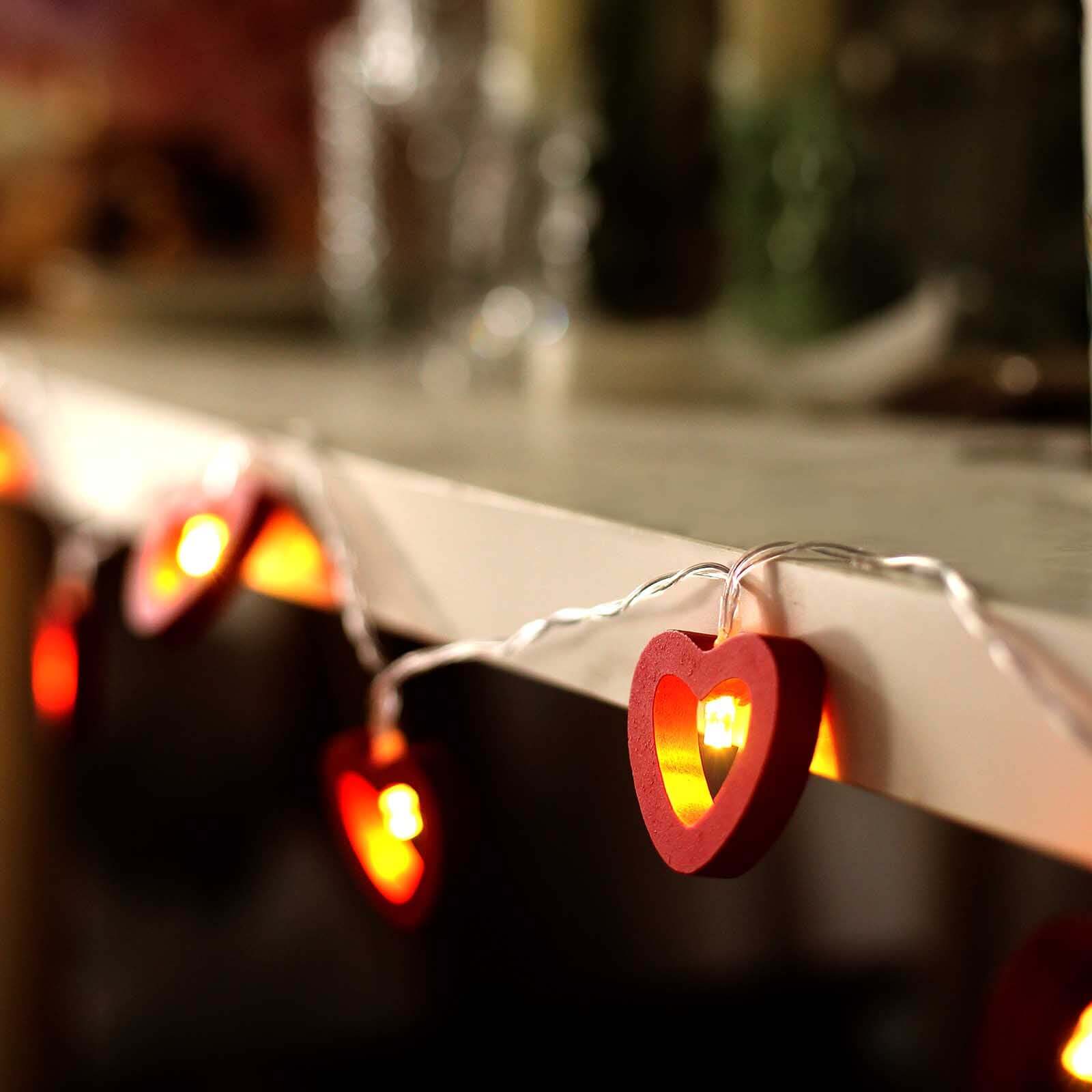 Wooden Heart String Lights Red Design Warm White - Battery Operated Hanging Accent 5ft - Bell Racket Store