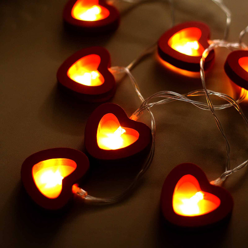 Wooden Heart String Lights Red Design Warm White - Battery Operated Hanging Accent 5ft - Bell Racket Store