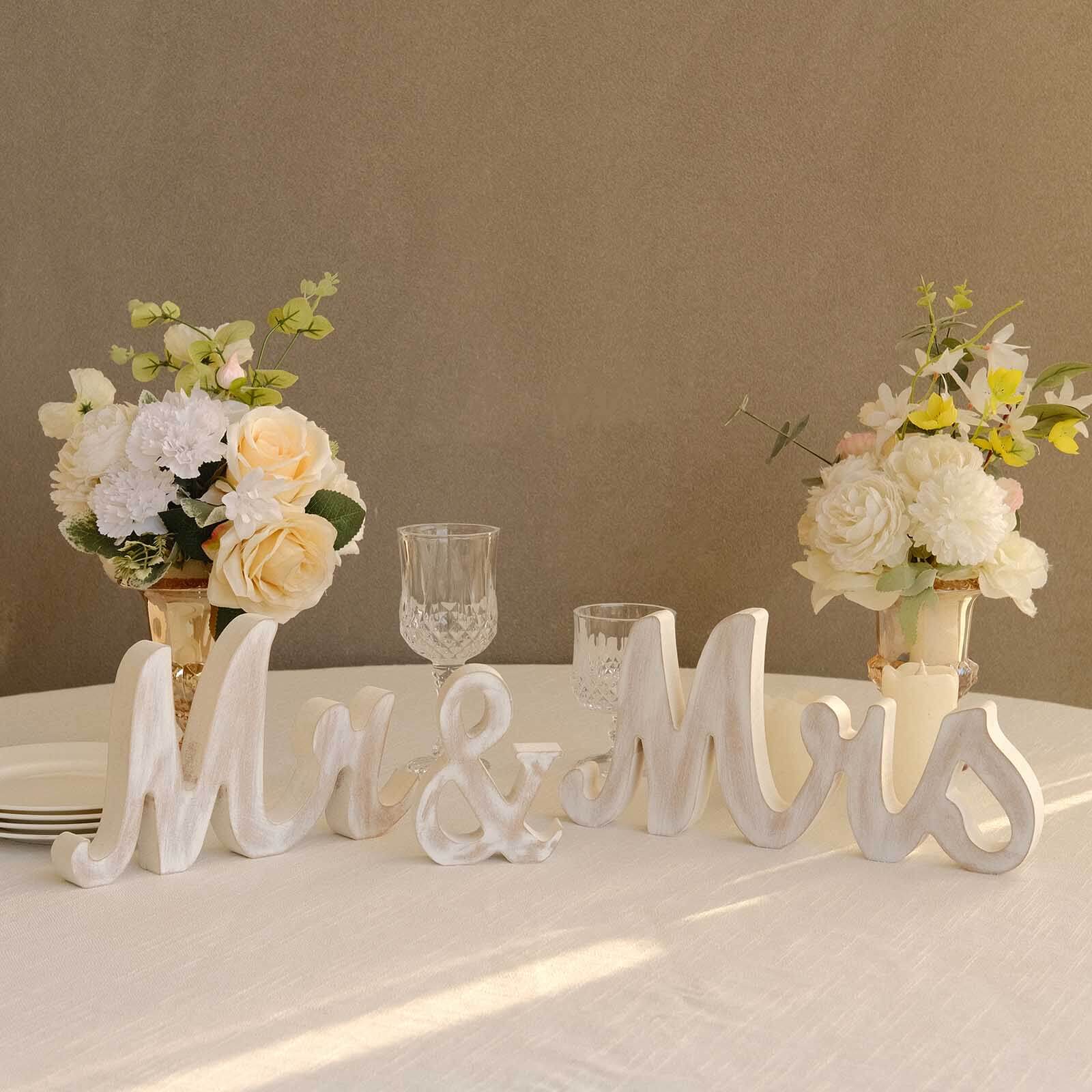 Wooden "Mr & Mrs" Freestanding Letters Whitewashed - Rustic Farmhouse Wedding Table Display Signs - Bell Racket Store