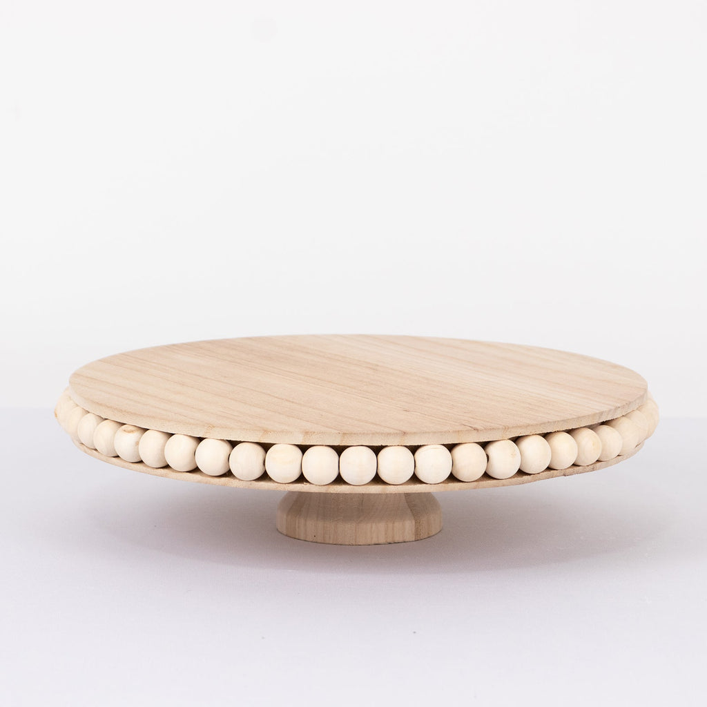 Wooden Pedestal Cake Stand Round Rustic Design with Beaded Edge Natural - Farmhouse Cupcake Holder Serving Tray 12" - Bell Racket Store