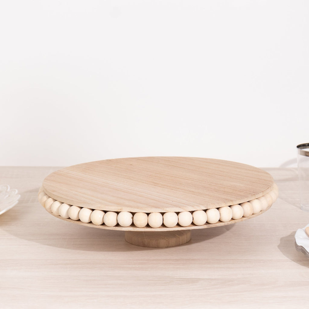 Wooden Pedestal Cake Stand Round Rustic Design with Beaded Edge Natural - Farmhouse Cupcake Holder Serving Tray 12" - Bell Racket Store
