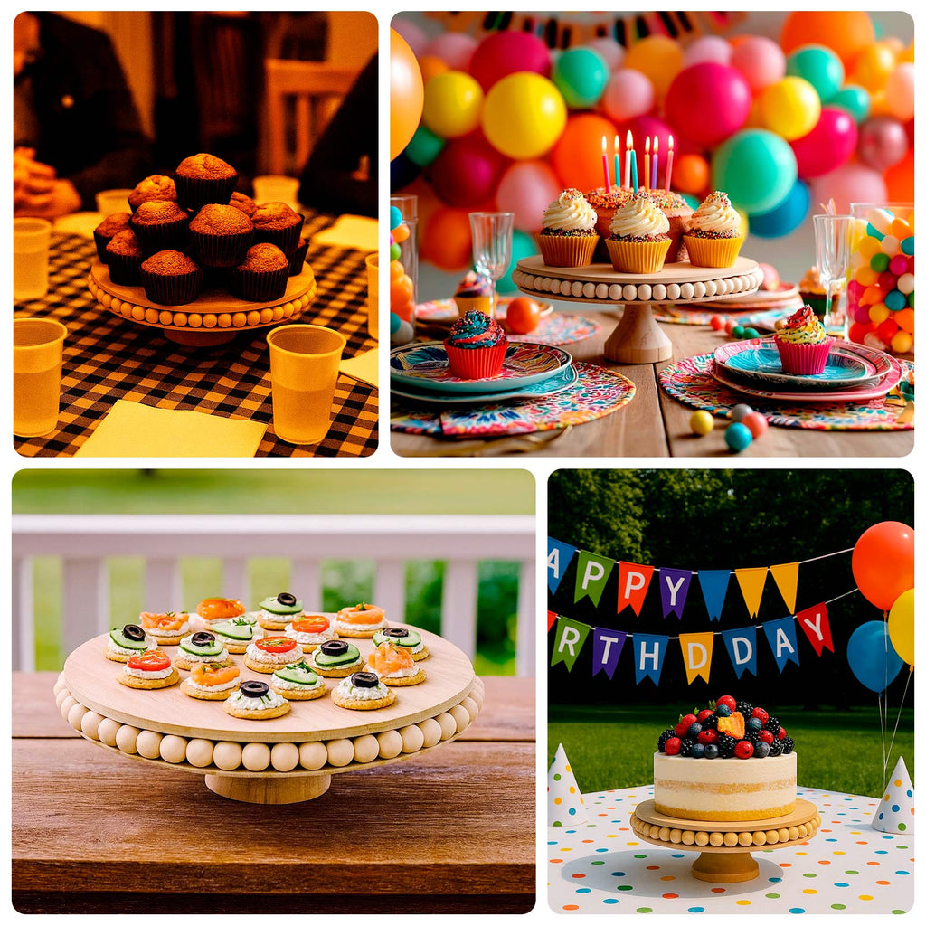 Wooden Pedestal Cake Stand Round Rustic Design with Beaded Edge Natural - Farmhouse Cupcake Holder Serving Tray 12" - Bell Racket Store