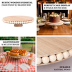 Wooden Pedestal Cake Stand Round Rustic Design with Beaded Edge Natural - Farmhouse Cupcake Holder Serving Tray 12" - Bell Racket Store