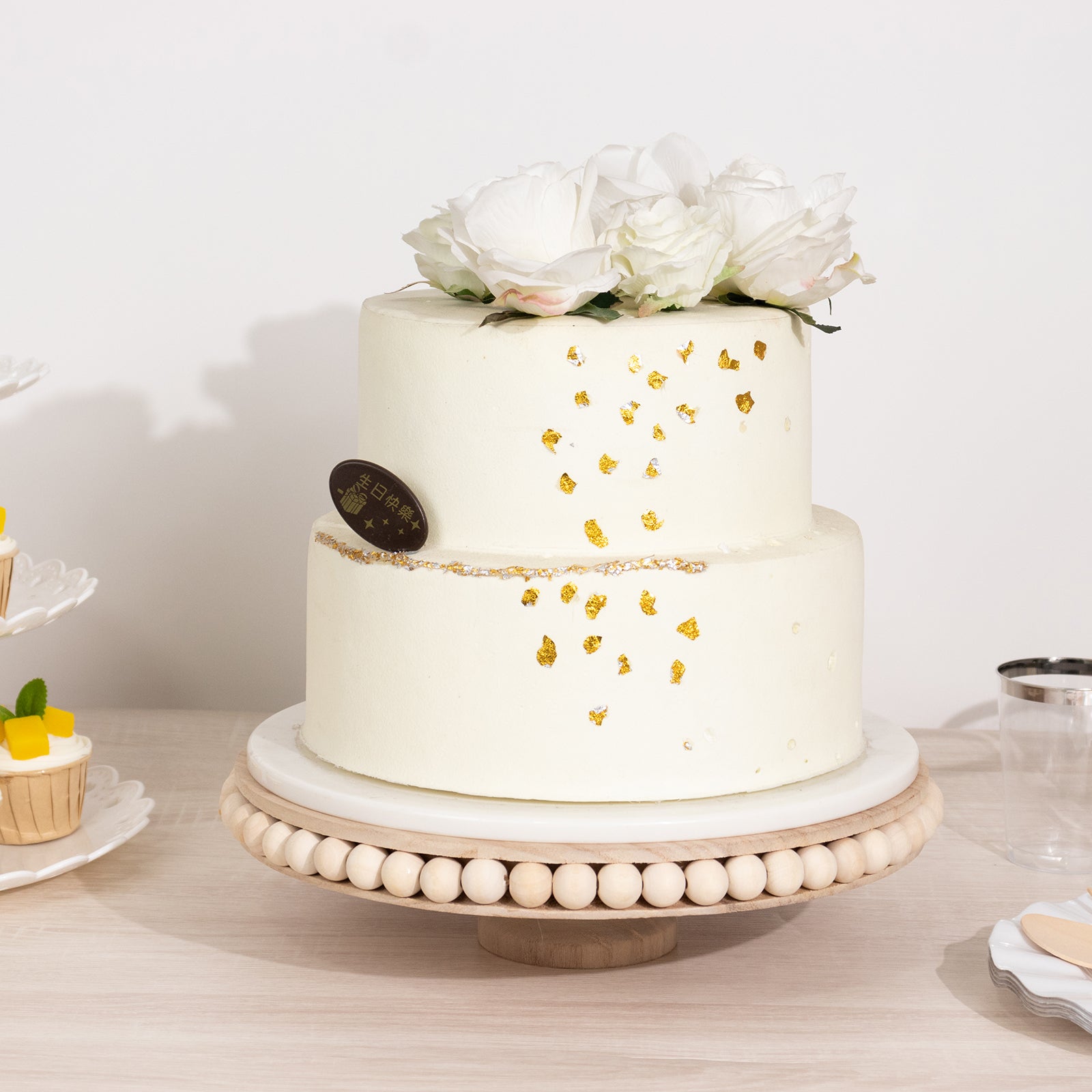 Wooden Pedestal Cake Stand Round Rustic Design with Beaded Edge Natural - Farmhouse Cupcake Holder Serving Tray 12" - Bell Racket Store