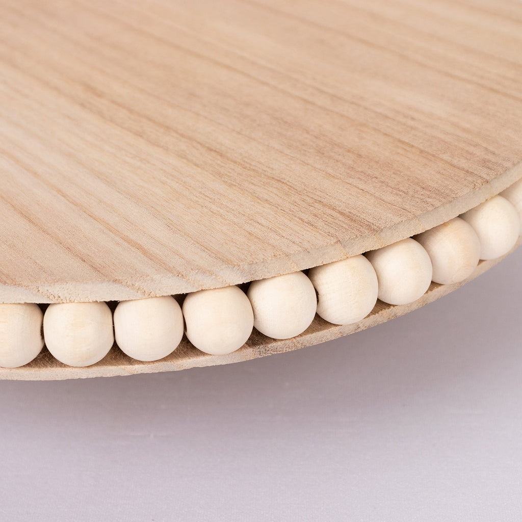 Wooden Pedestal Cake Stand Round Rustic Design with Beaded Edge Natural - Farmhouse Cupcake Holder Serving Tray 12" - Bell Racket Store