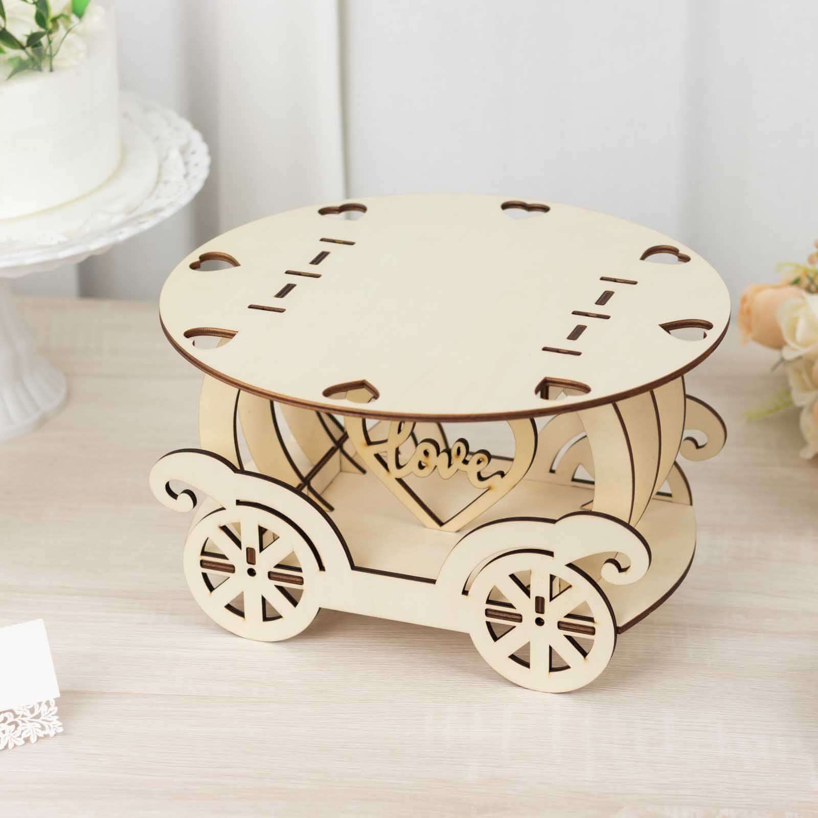 Wooden Wedding Cake Stand Carriage Shape Natural with Laser Cut Design - Round Cupcake Holder Display Plate 12" - Bell Racket Store