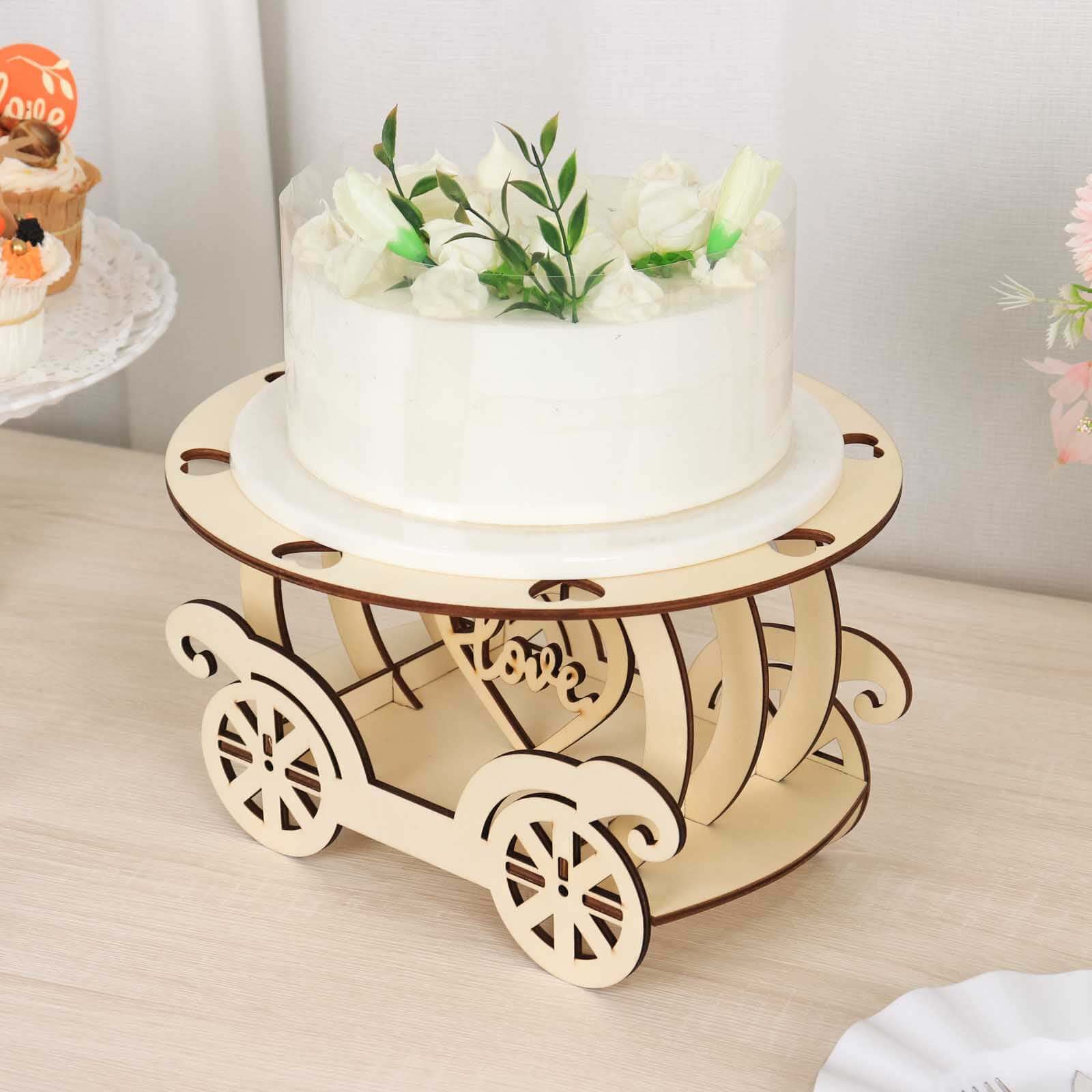 Wooden Wedding Cake Stand Carriage Shape Natural with Laser Cut Design - Round Cupcake Holder Display Plate 12" - Bell Racket Store