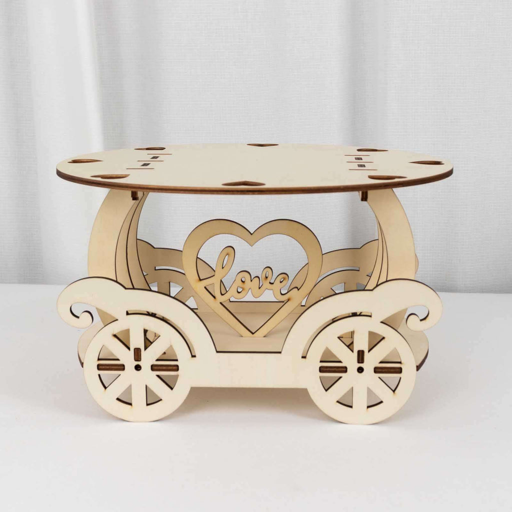 Wooden Wedding Cake Stand Carriage Shape Natural with Laser Cut Design - Round Cupcake Holder Display Plate 12" - Bell Racket Store
