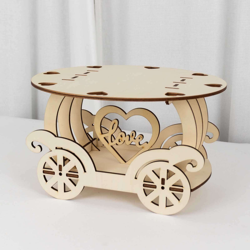 Wooden Wedding Cake Stand Carriage Shape Natural with Laser Cut Design - Round Cupcake Holder Display Plate 12" - Bell Racket Store