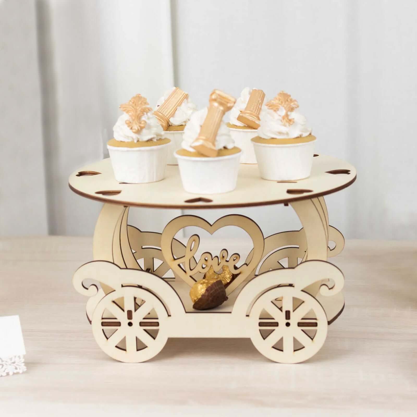 Wooden Wedding Cake Stand Carriage Shape Natural with Laser Cut Design - Round Cupcake Holder Display Plate 12" - Bell Racket Store