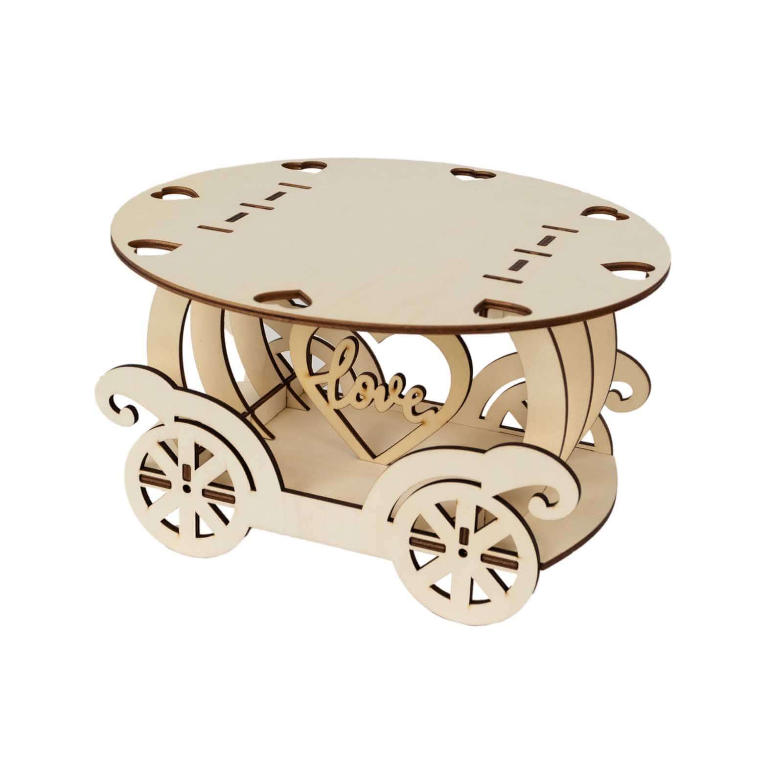 Wooden Wedding Cake Stand Carriage Shape Natural with Laser Cut Design - Round Cupcake Holder Display Plate 12" - Bell Racket Store