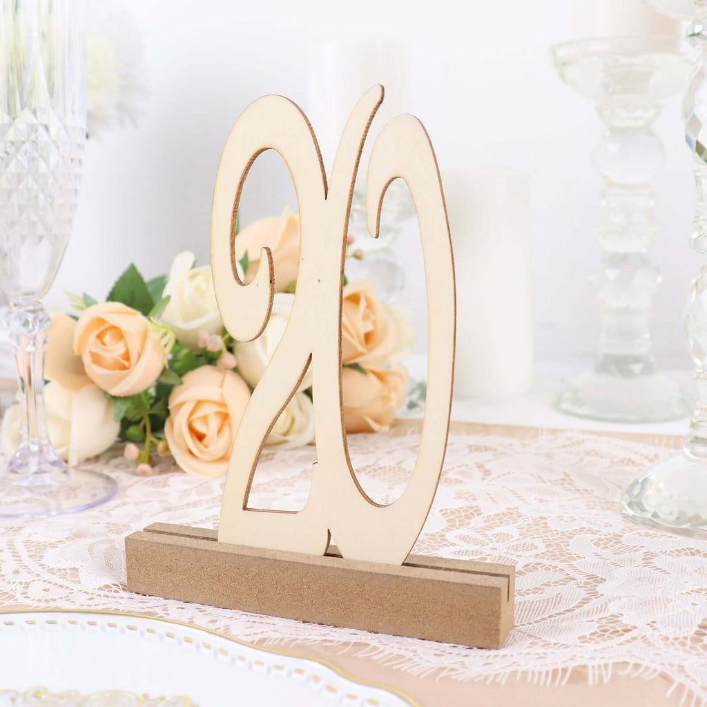 20-Pack Wooden Wedding Table Numbers Natural 1-20 with Holder Base - Perfect Rustic Signs for Receptions 6"