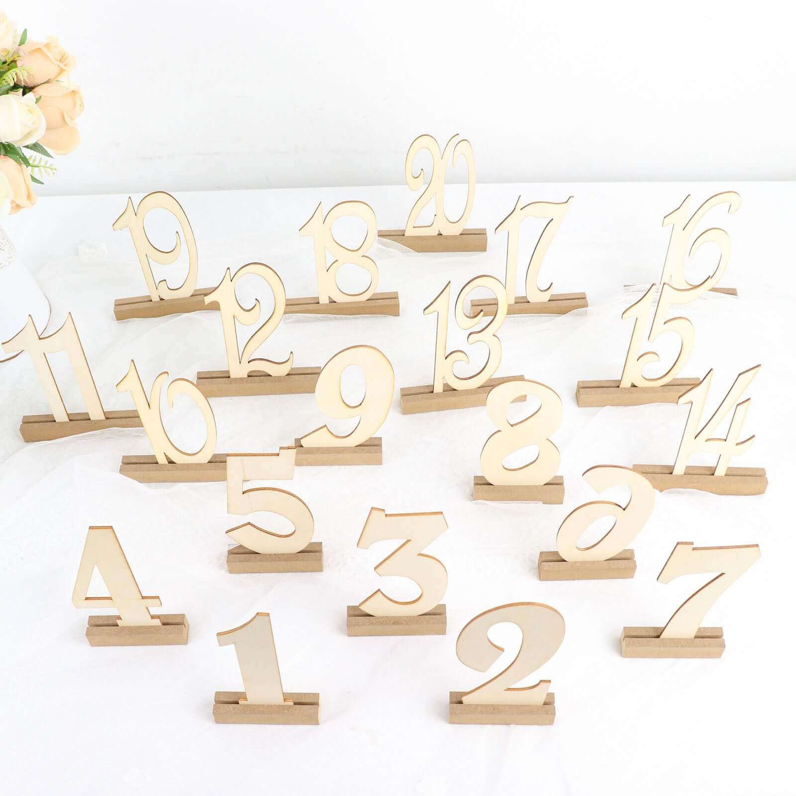 20-Pack Wooden Wedding Table Numbers Natural 1-20 with Holder Base - Perfect Rustic Signs for Receptions 6"