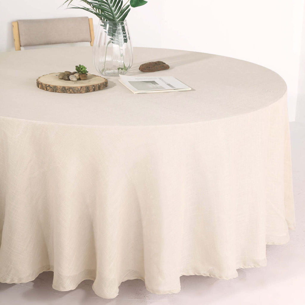 Faux Linen 120" Round Tablecloth Beige - Slubby Texture Wrinkle-Resistant Seamless Table Cover