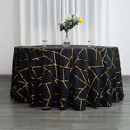 Polyester 120" Round Tablecloth Black with Gold Foil Geometric Pattern Wrinkle-Resistant Seamless Table Cover