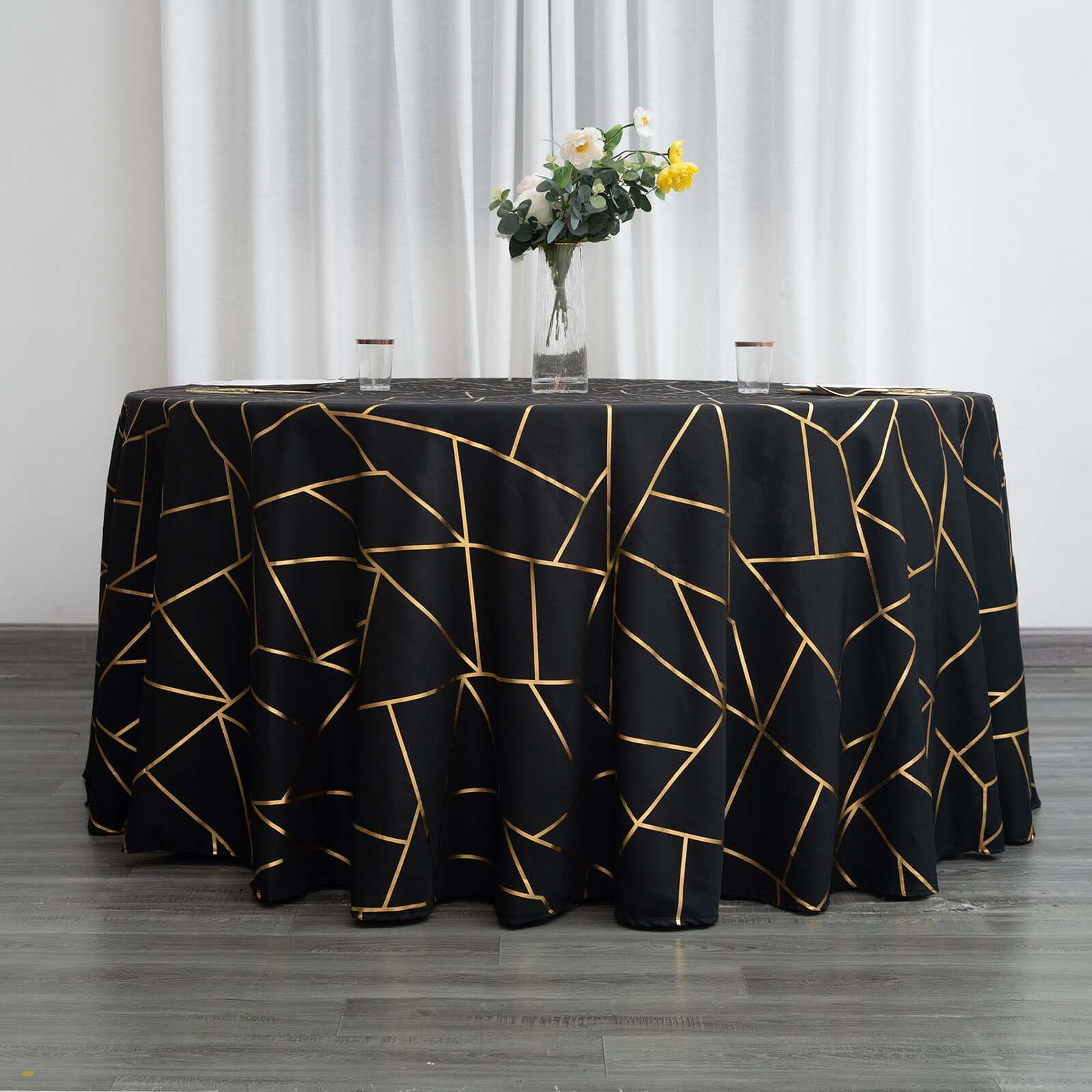 Polyester 120" Round Tablecloth Black with Gold Foil Geometric Pattern Wrinkle-Resistant Seamless Table Cover