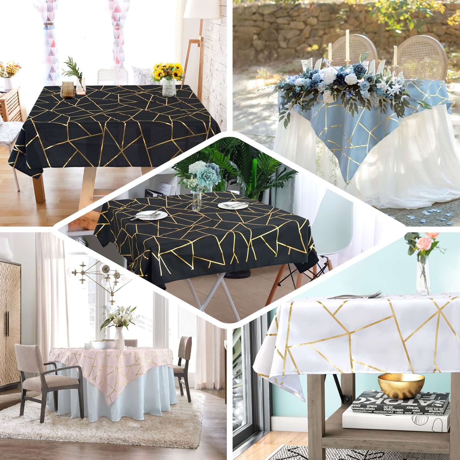 Polyester 54"x54" Table Overlay Square Tablecloth Blush with Gold Foil Geometric Pattern - Wrinkle-Resistant & Durable Table Topper