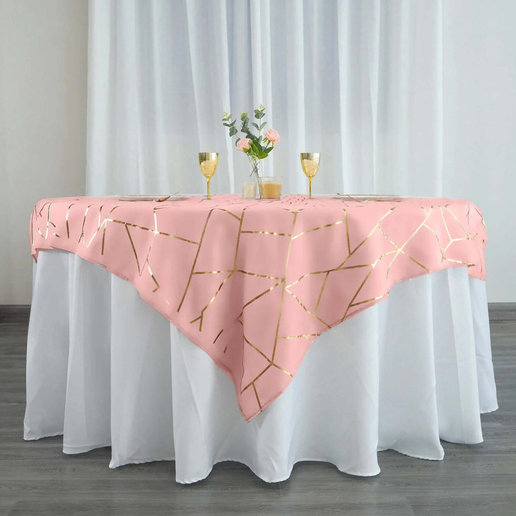 Polyester 54"x54" Table Overlay Square Tablecloth Dusty Rose with Gold Foil Geometric Pattern - Wrinkle-Resistant & Durable Table Topper