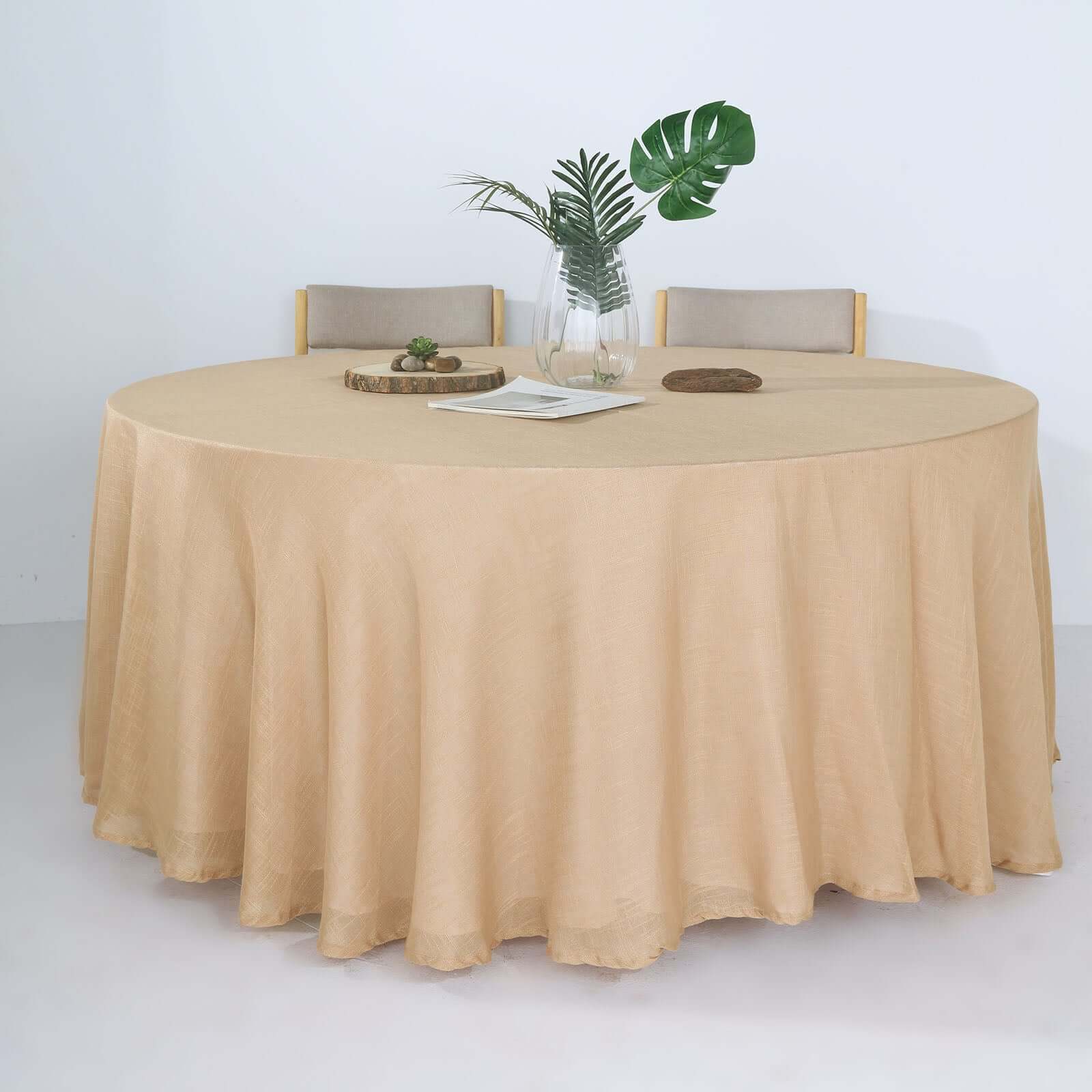 Faux Linen 120" Round Tablecloth Natural - Slubby Texture Wrinkle-Resistant Seamless Table Cover