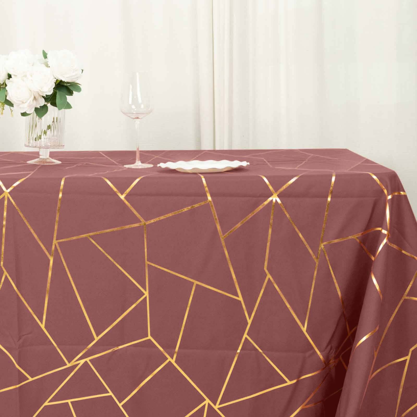 Polyester 60"x132" Rectangle Tablecloth Cinnamon Rose with Gold Foil Geometric Pattern - Wrinkle-Resistant and Durable Table Cover for Weddings & Events