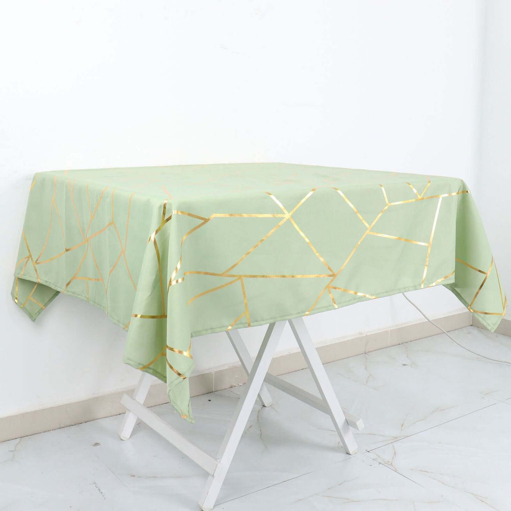 Polyester 54"x54" Square Tablecloth Sage Green with Gold Foil Geometric Pattern - Wrinkle-Resistant & Durable for Stylish Settings