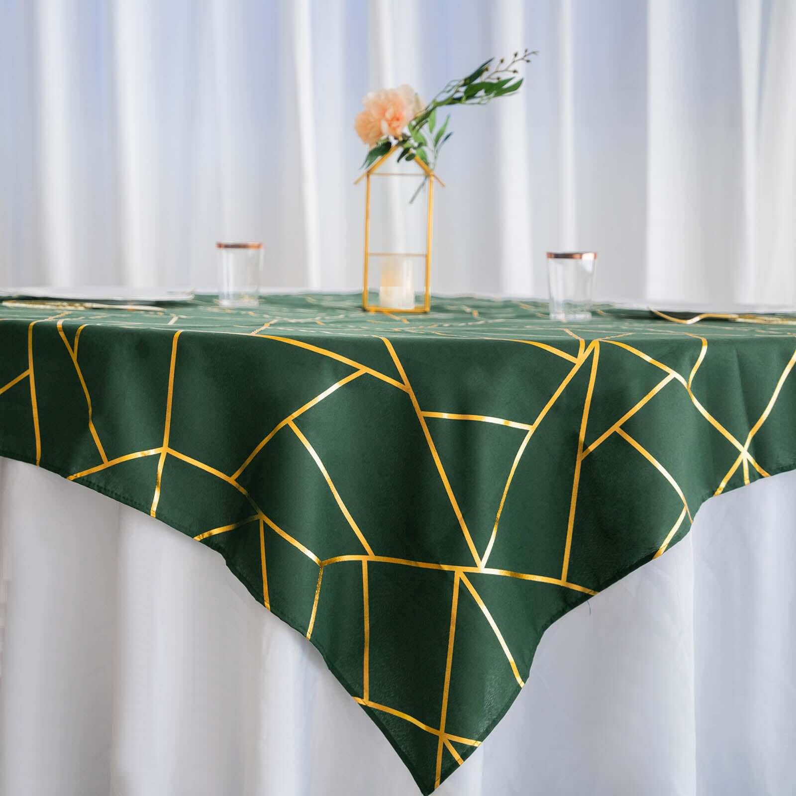 Polyester 54"x54" Table Overlay Square Tablecloth Hunter Emerald Green with Gold Foil Geometric Pattern - Wrinkle-Resistant & Durable Table Topper