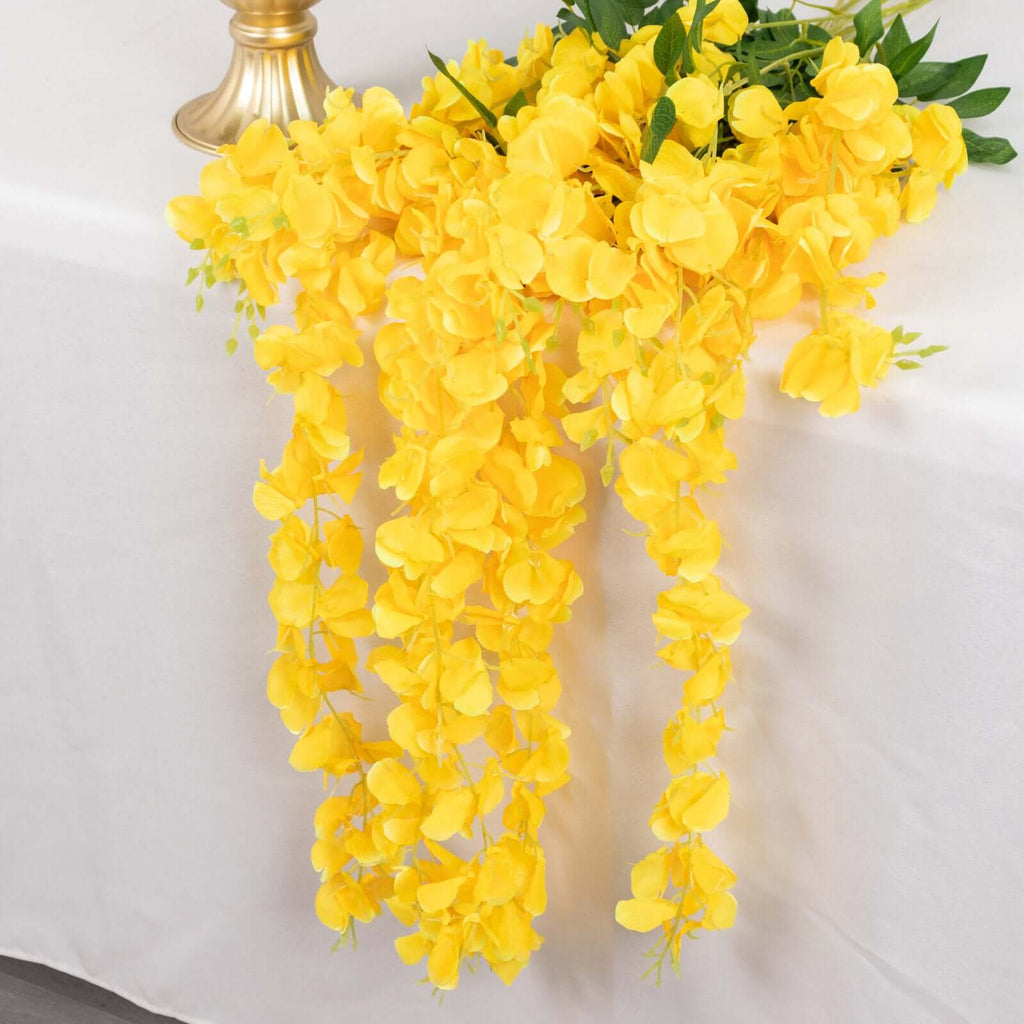 5 Pack 44" Silk Hanging Wisteria Flower Garland Vines in Yellow, 3 Strands in 1 Bush