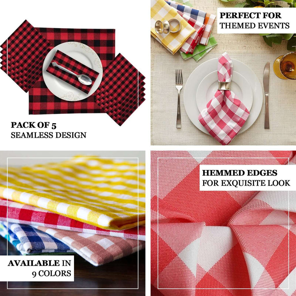 5 Pack Polyester 15"x15" Napkins Yellow/White Buffalo Plaid Gingham Style Cloth Napkins
